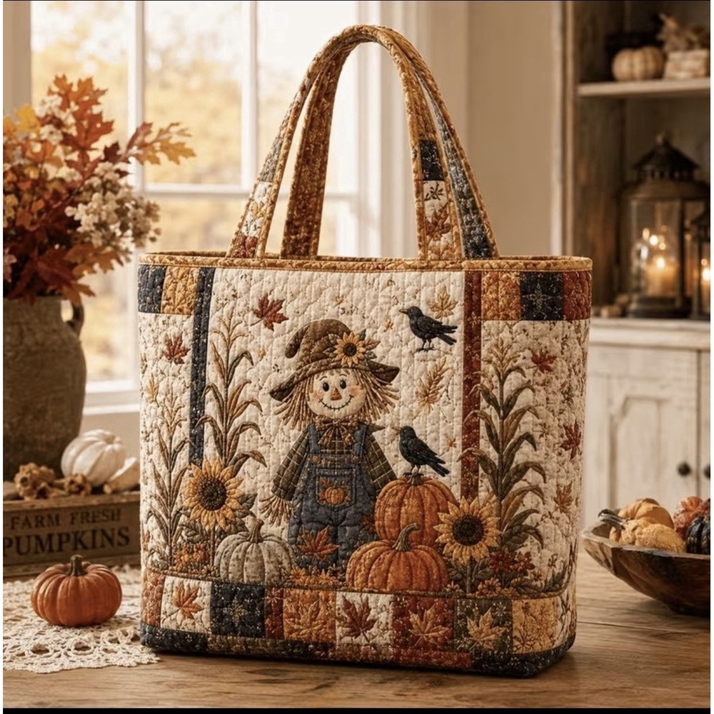 NEW Harvest Scarecrow and Pumpkins Quilted Vintage & Homemade Looking Tote Bag